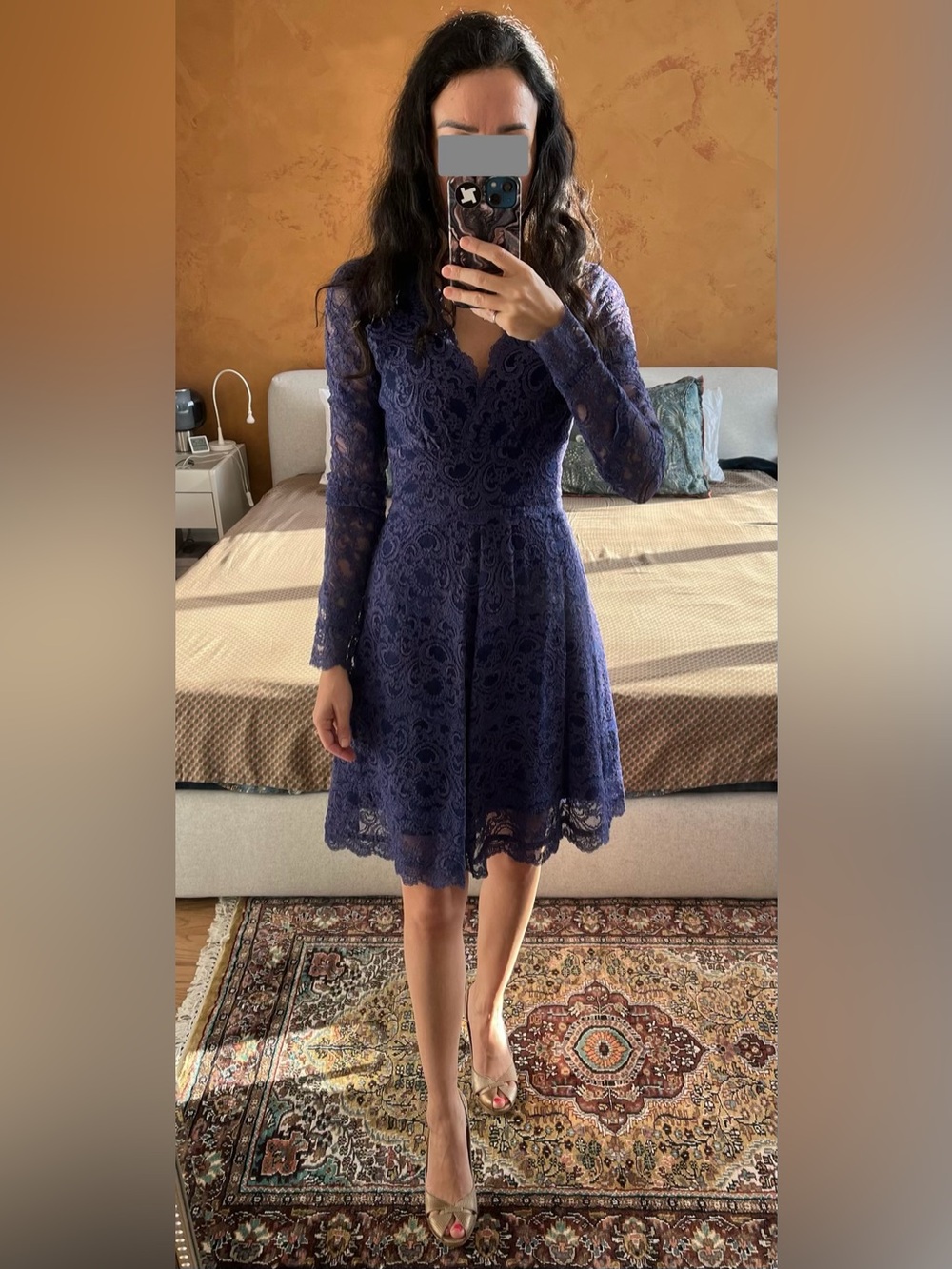 Long-Sleeve Navy Lace Fit-and-Flare Dress
